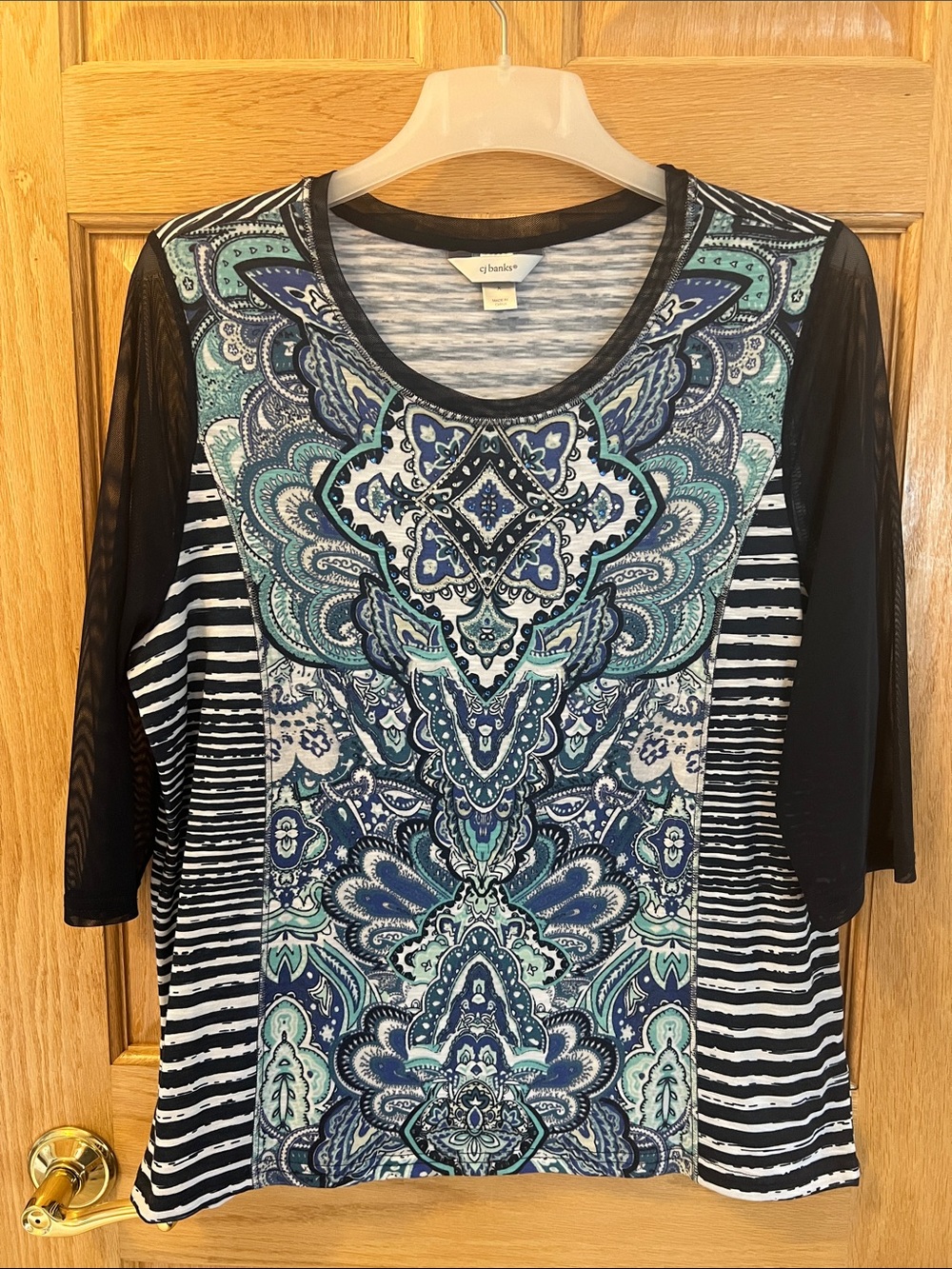 CJ Banks Various Blue Paisley-Panel Scoop Neck Top Large